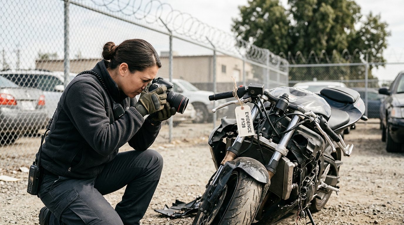 An investigator in a fleece jacket and gloves photographs a crushed motorcycle front end in a fenced impound lot, with an evidence tag on the