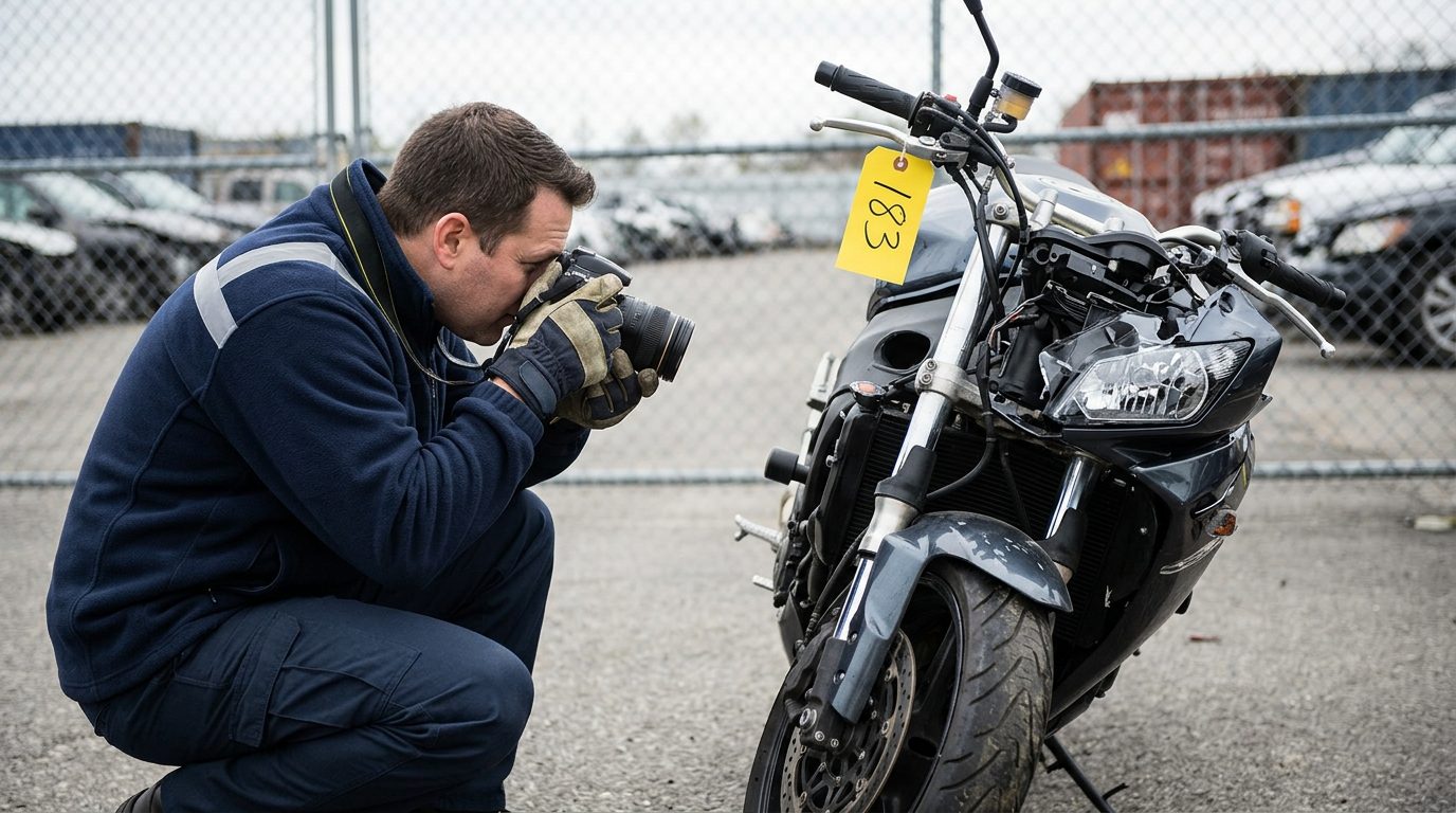 An investigator in a fleece jacket and gloves photographs a crushed motorcycle front end in a fenced impound lot, with an evidence tag on the