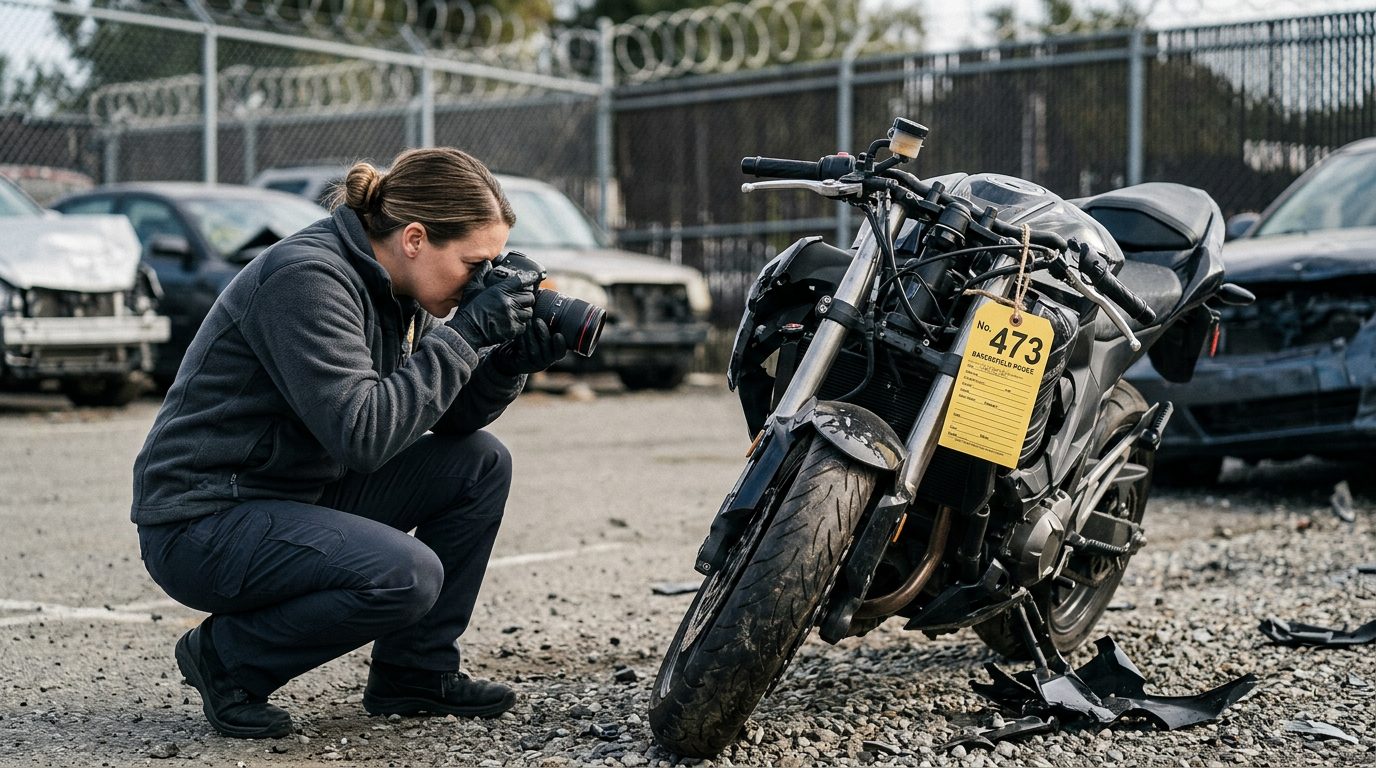 An investigator in a fleece jacket and gloves photographs a crushed motorcycle front end with an evidence tag in an impound lot.