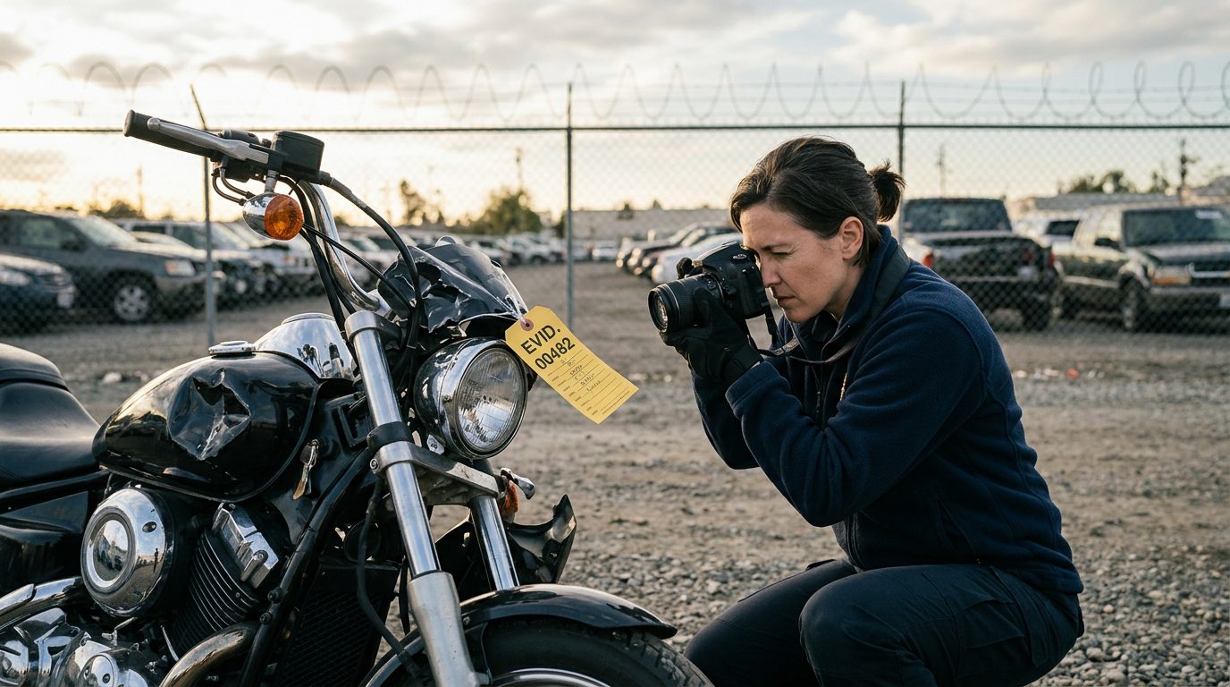 An investigator in a fleece jacket and gloves photographs a crushed motorcycle front end in a fenced impound lot, with an evidence tag on the