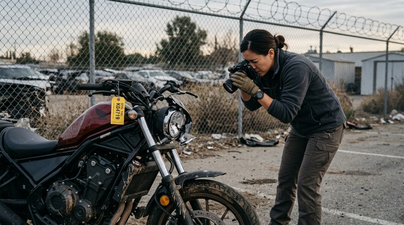 An investigator in a fleece jacket and gloves photographs a crushed motorcycle front end in a fenced impound lot.