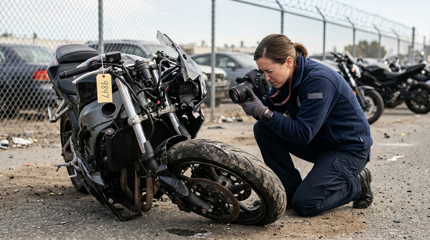 An investigator in a fleece jacket and gloves photographs a crushed motorcycle front end in a fenced impound lot.