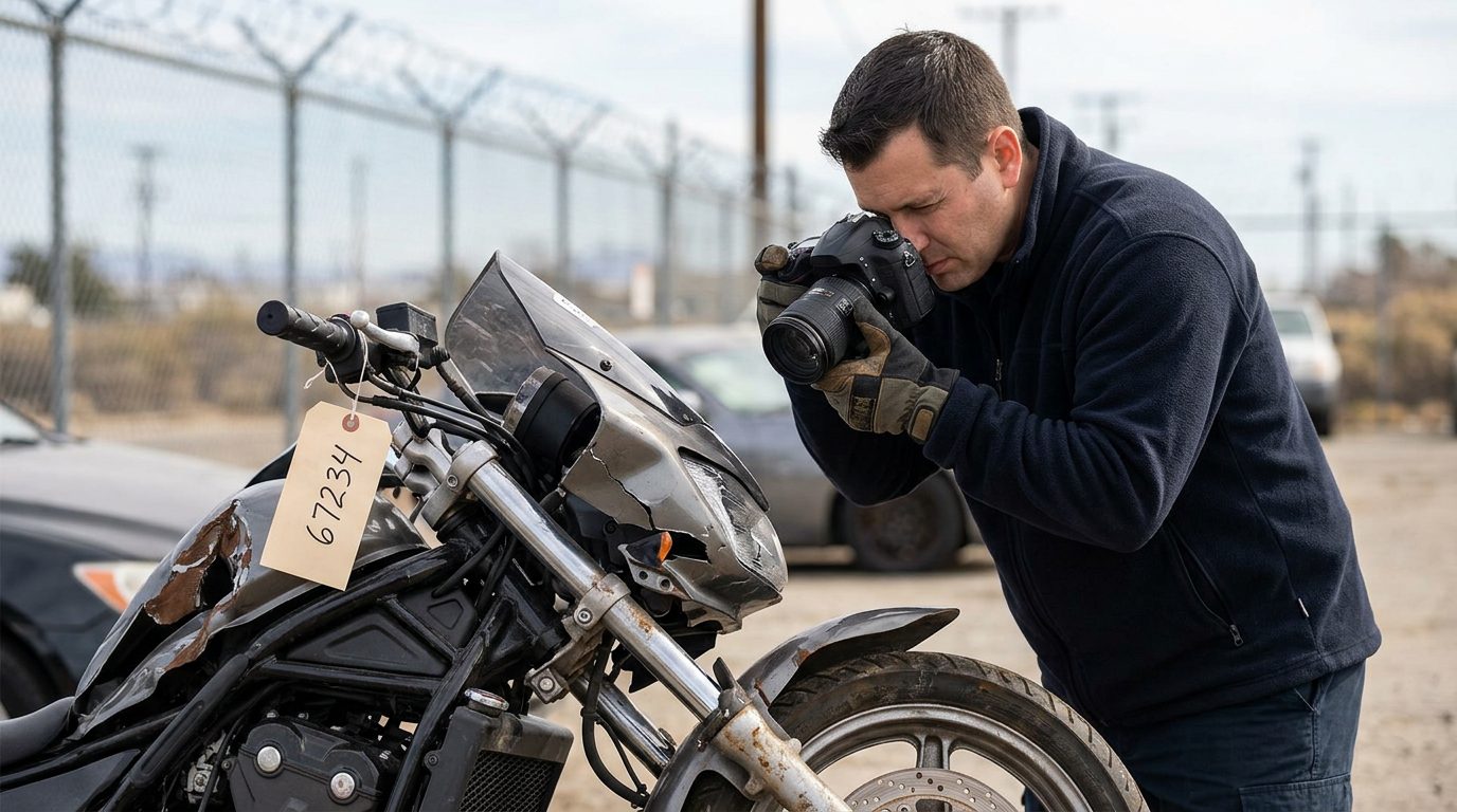 An investigator in a fleece jacket and gloves photographs a crushed motorcycle front end in a fenced impound lot, with an evidence tag on the