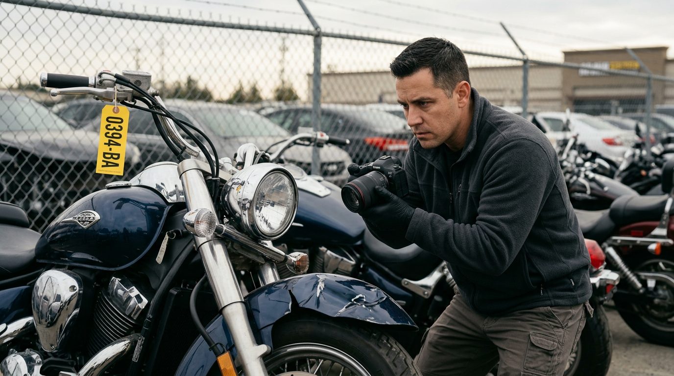 An investigator in a fleece jacket and gloves photographs a crushed motorcycle front end in a fenced impound lot, with an evidence tag on the