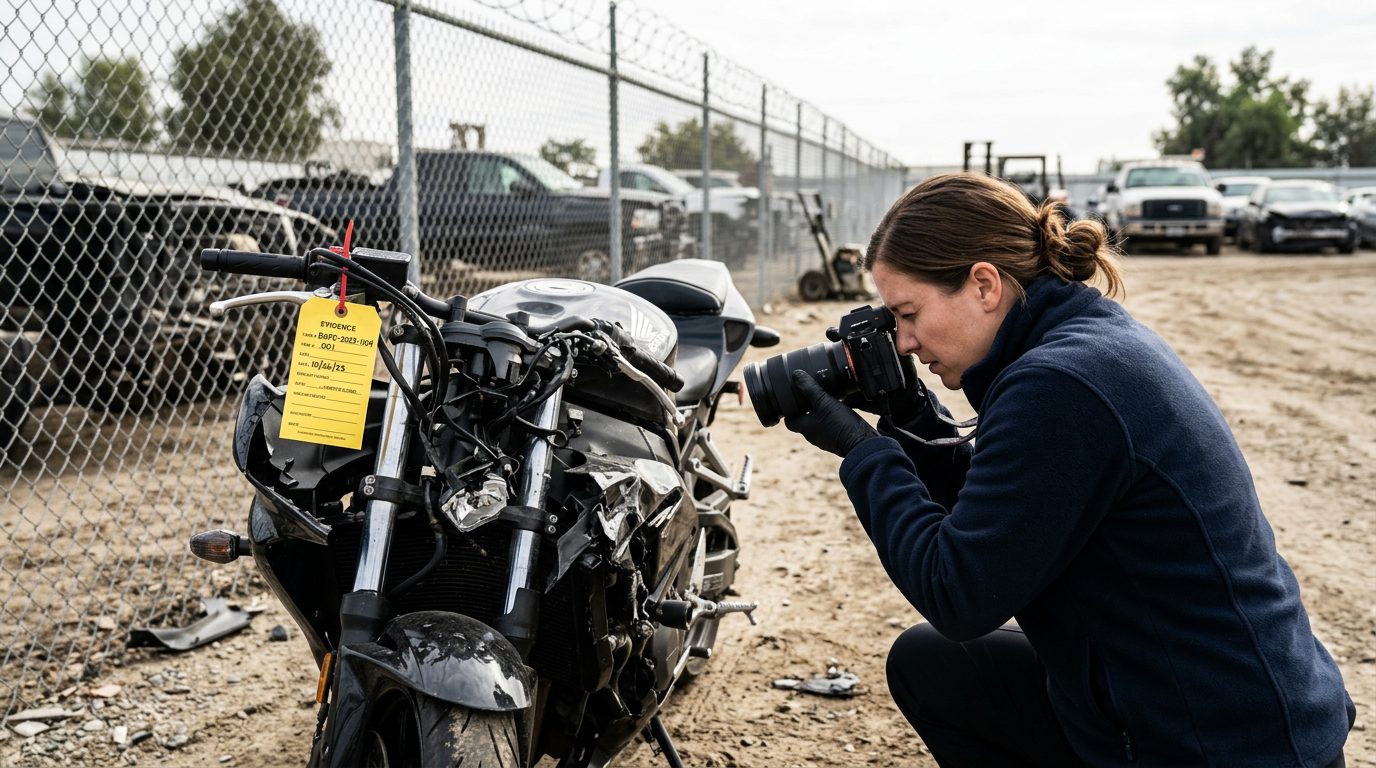 An investigator in a fleece jacket and gloves photographs a crushed motorcycle front end in a fenced impound lot, with an evidence tag on the