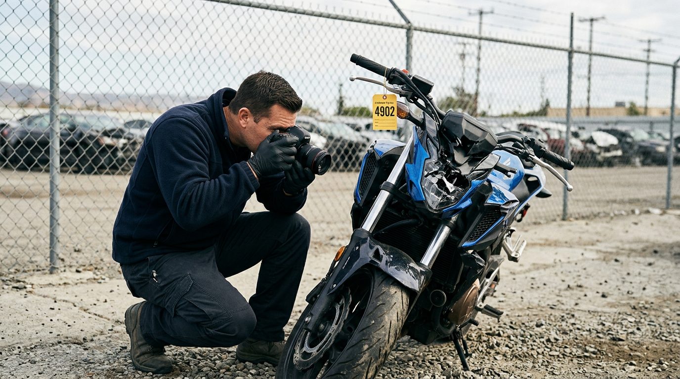 An investigator in a fleece jacket and gloves photographs a crushed motorcycle front end in a fenced impound lot, with an evidence tag on the