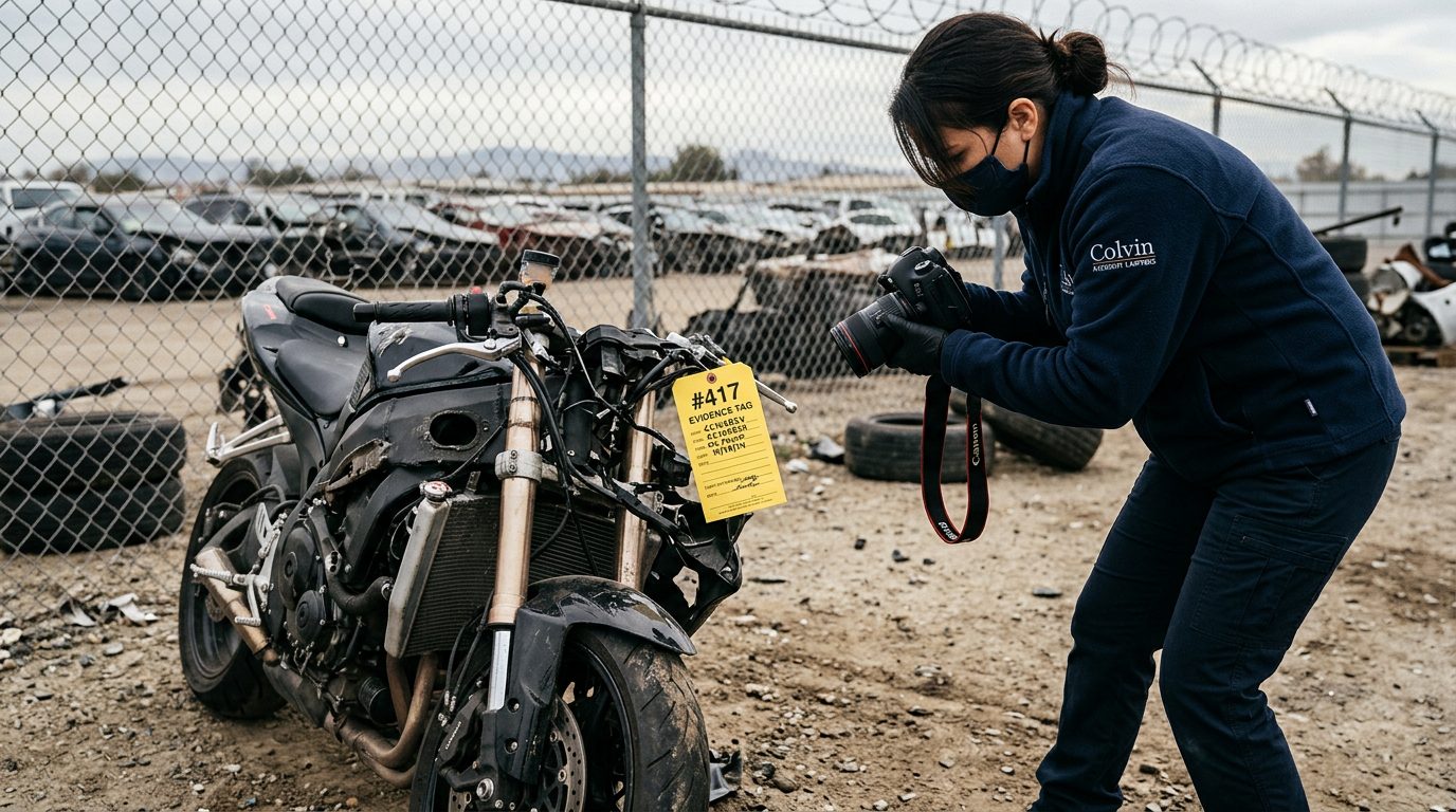 An investigator in a fleece jacket and gloves photographs a crushed motorcycle front end in a fenced impound lot, with an evidence tag on the