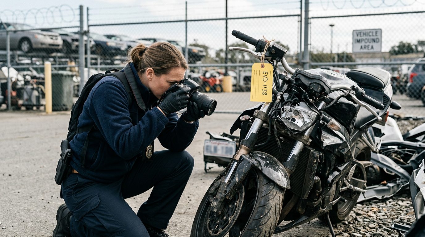 An investigator in a fleece jacket and gloves photographs a crushed motorcycle front end in a fenced impound lot, with an evidence tag on the