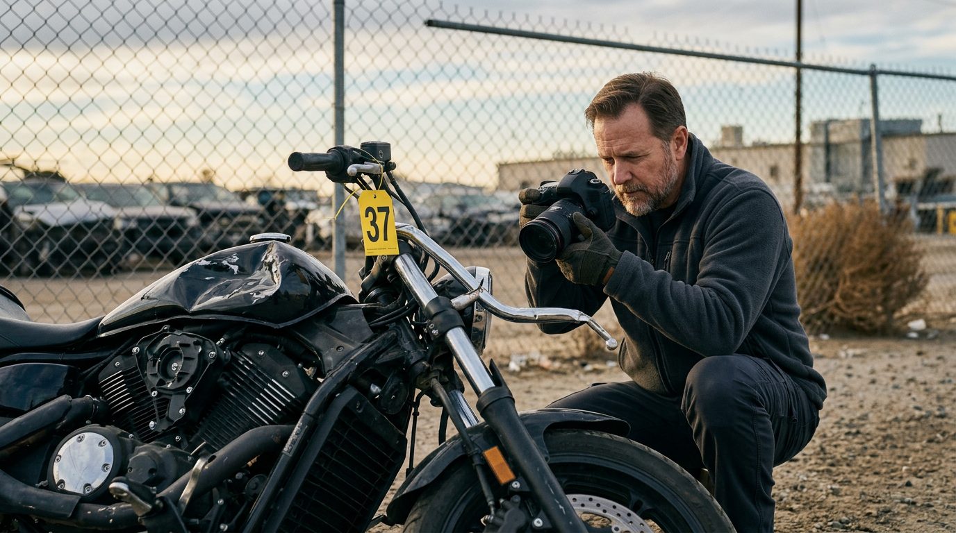 An investigator in a fleece jacket and gloves photographs a crushed motorcycle front end in a fenced impound lot.