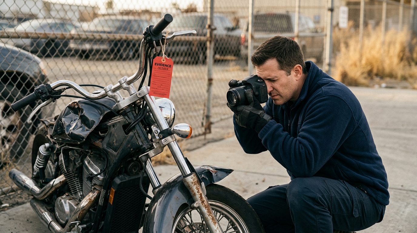 An investigator in a fleece jacket and gloves photographs a crushed motorcycle front end in a fenced impound lot, with an evidence tag on the