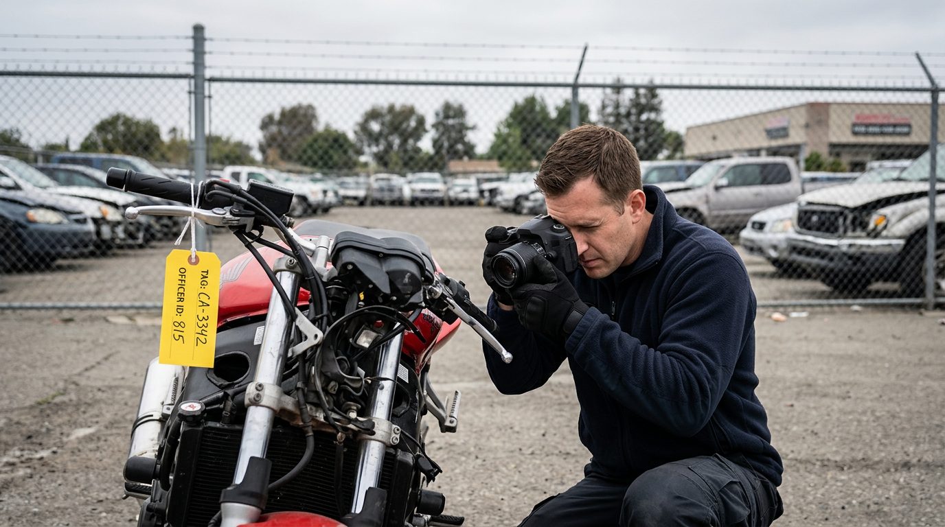 An investigator in a fleece jacket and gloves photographs a crushed motorcycle front end in a fenced impound lot, with an evidence tag on the handlebar.