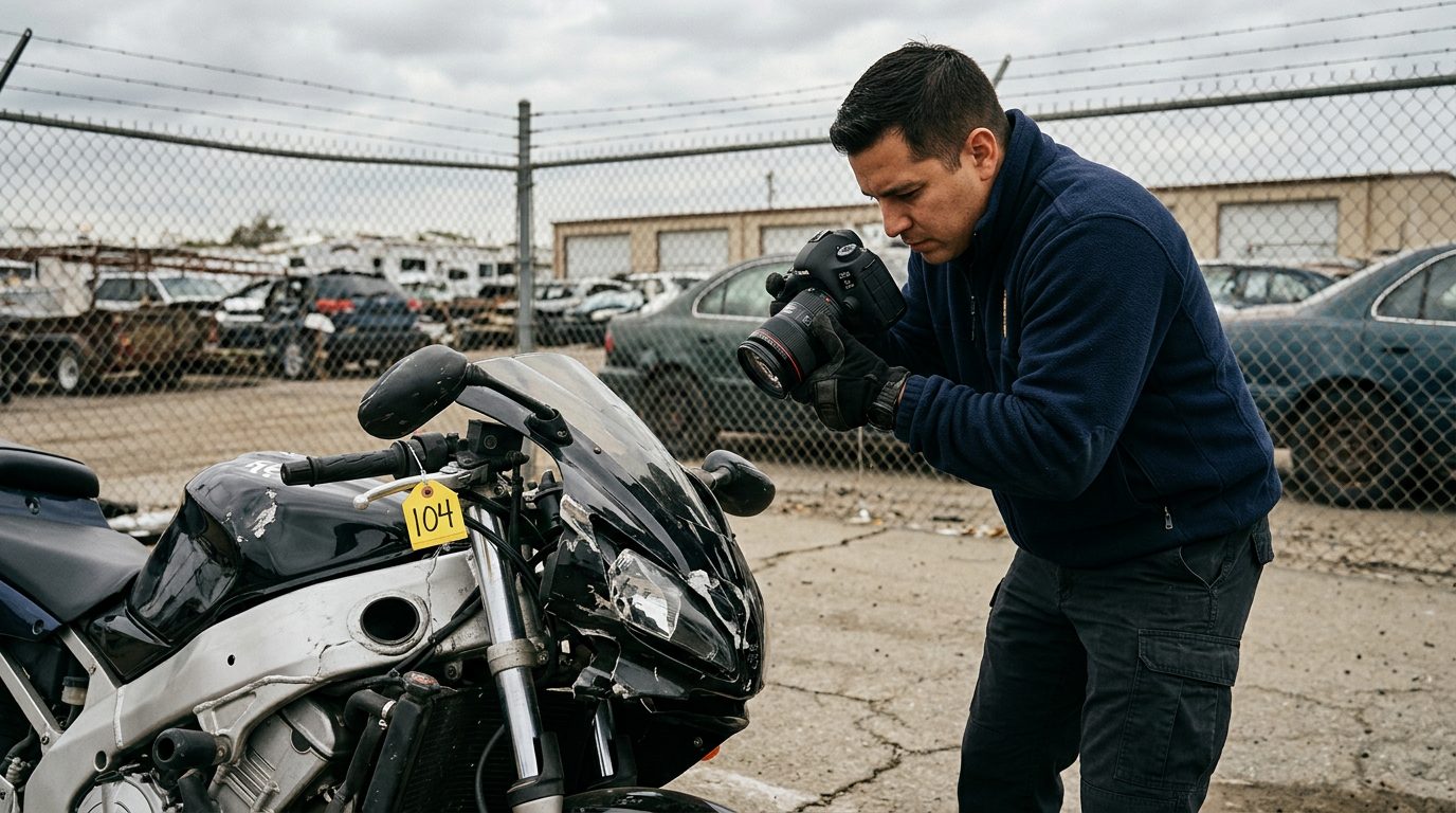 An investigator in a fleece jacket and gloves photographs a crushed motorcycle front end in a fenced impound lot.