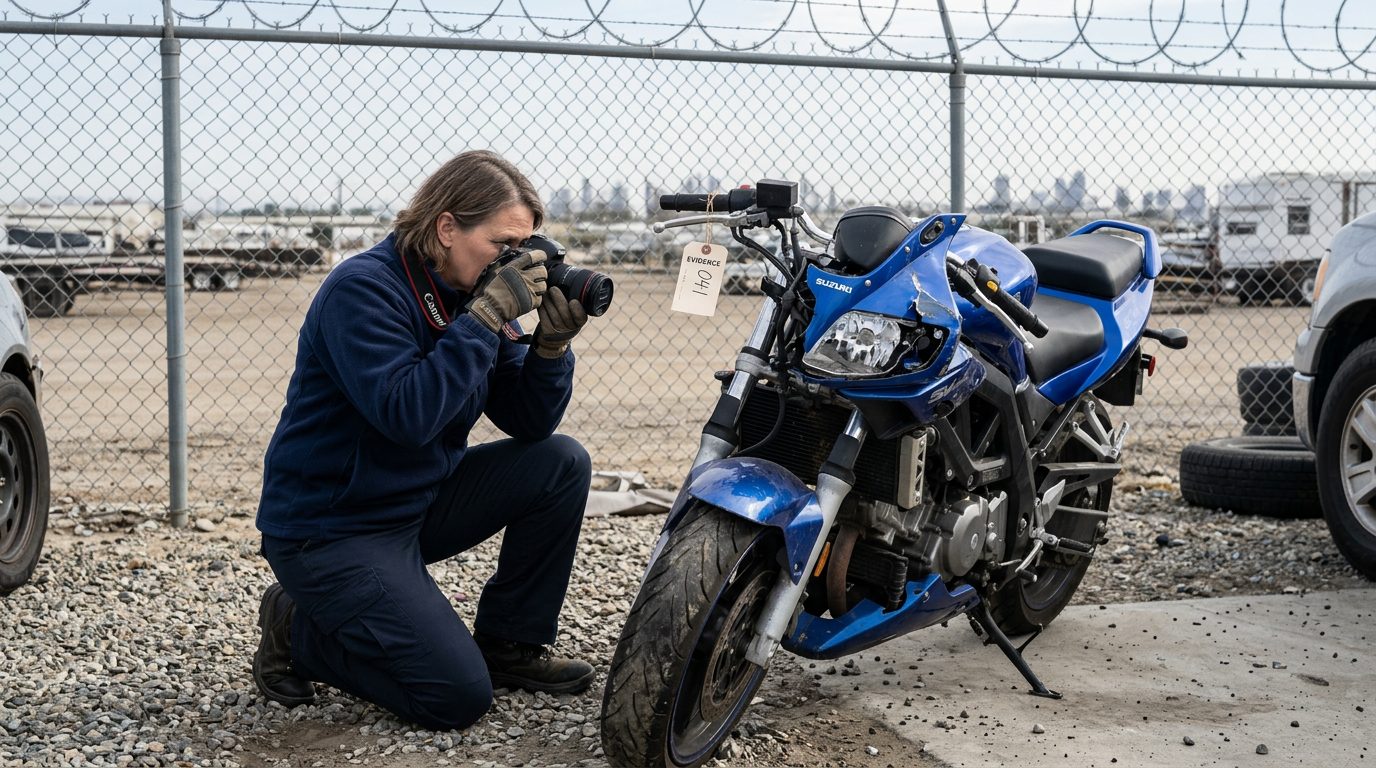 An investigator in a fleece jacket and gloves photographs a crushed motorcycle front end in a fenced impound lot, with an evidence tag on the
