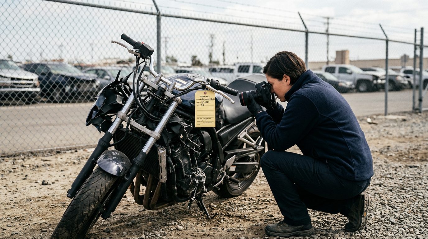 An investigator in a fleece jacket and gloves photographs a crushed motorcycle front end in a fenced impound lot.