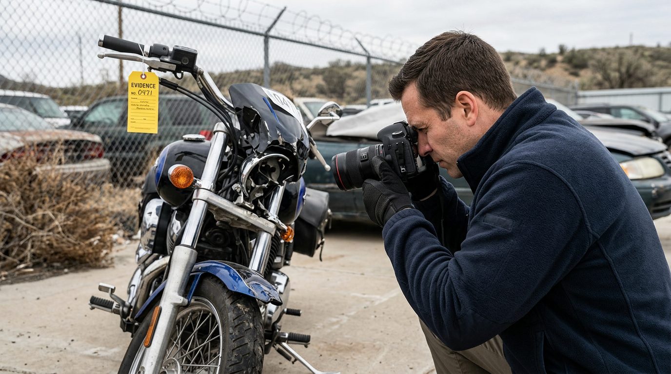 An investigator in a fleece jacket and gloves photographs a crushed motorcycle front end in a fenced impound lot, with an evidence tag on the