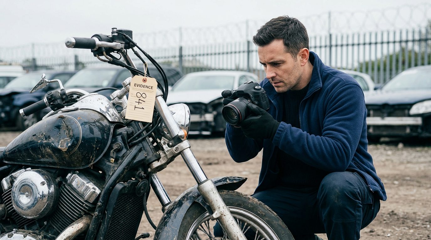 An investigator in a fleece jacket and gloves photographs a crushed motorcycle front end in a fenced impound lot, with an evidence tag on the