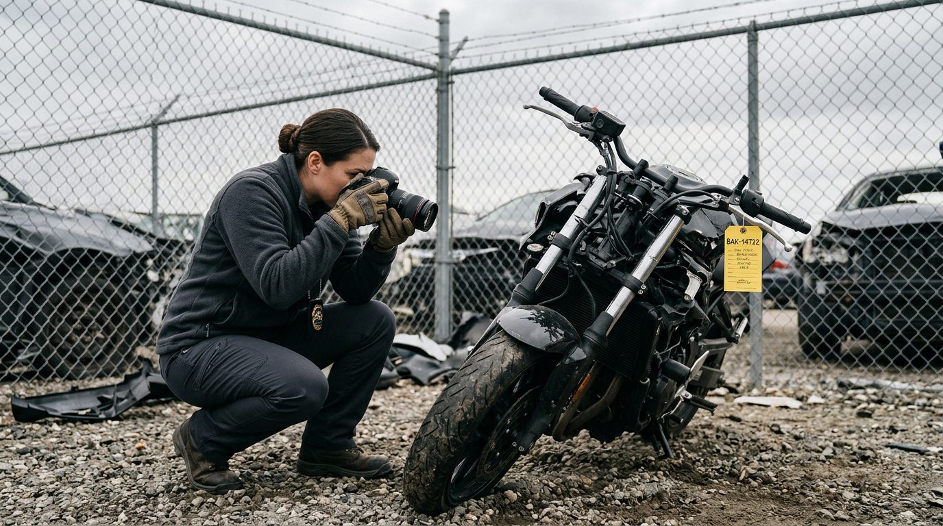 An investigator in a fleece jacket and gloves photographs a crushed motorcycle front end in a fenced impound lot, with an evidence tag on the