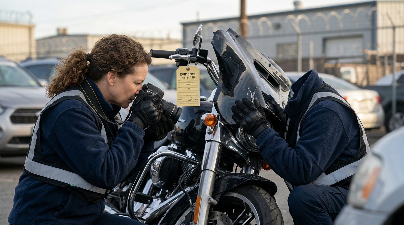An investigator in a fleece jacket and gloves photographs a crushed motorcycle front end in a fenced impound lot.