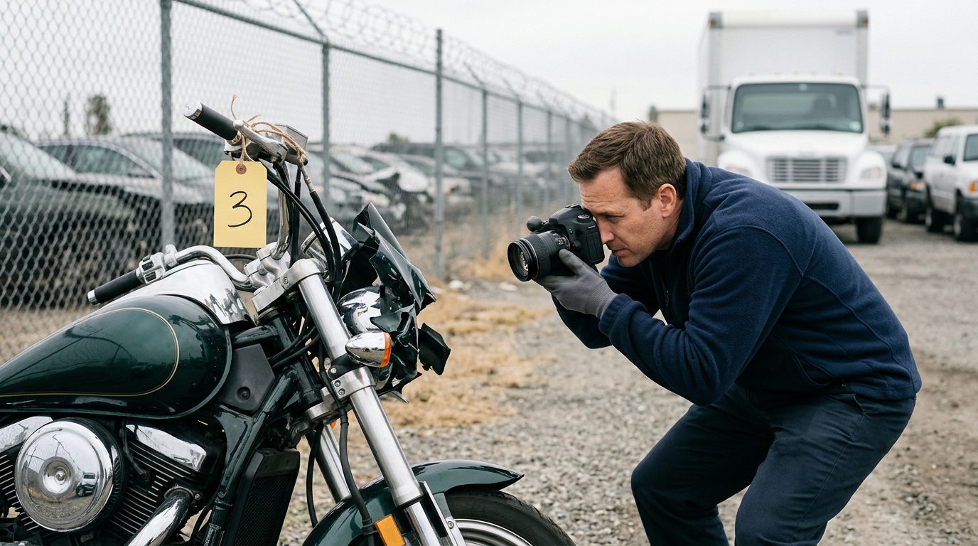 An investigator in a fleece jacket and gloves photographs a crushed motorcycle front end in a fenced impound lot, with an evidence tag on the