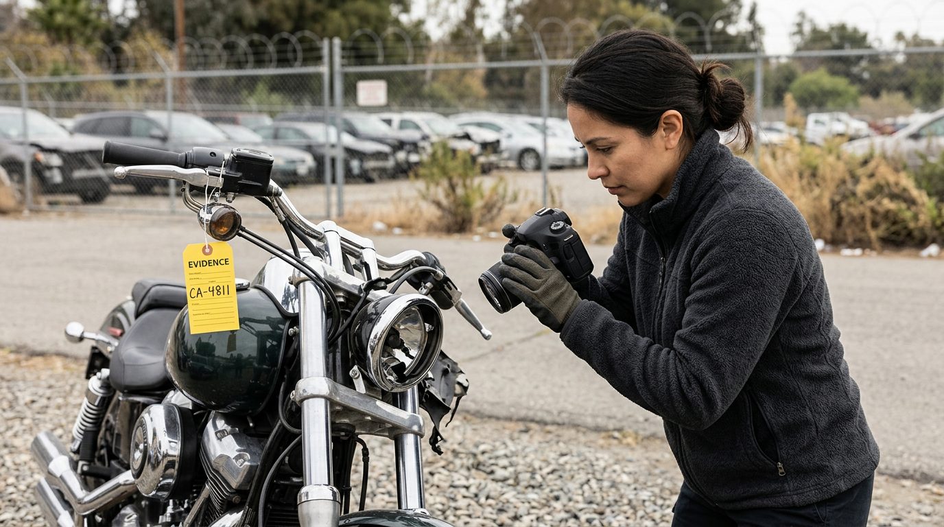 An investigator in a fleece jacket and gloves photographs a crushed motorcycle front end in a fenced impound lot.