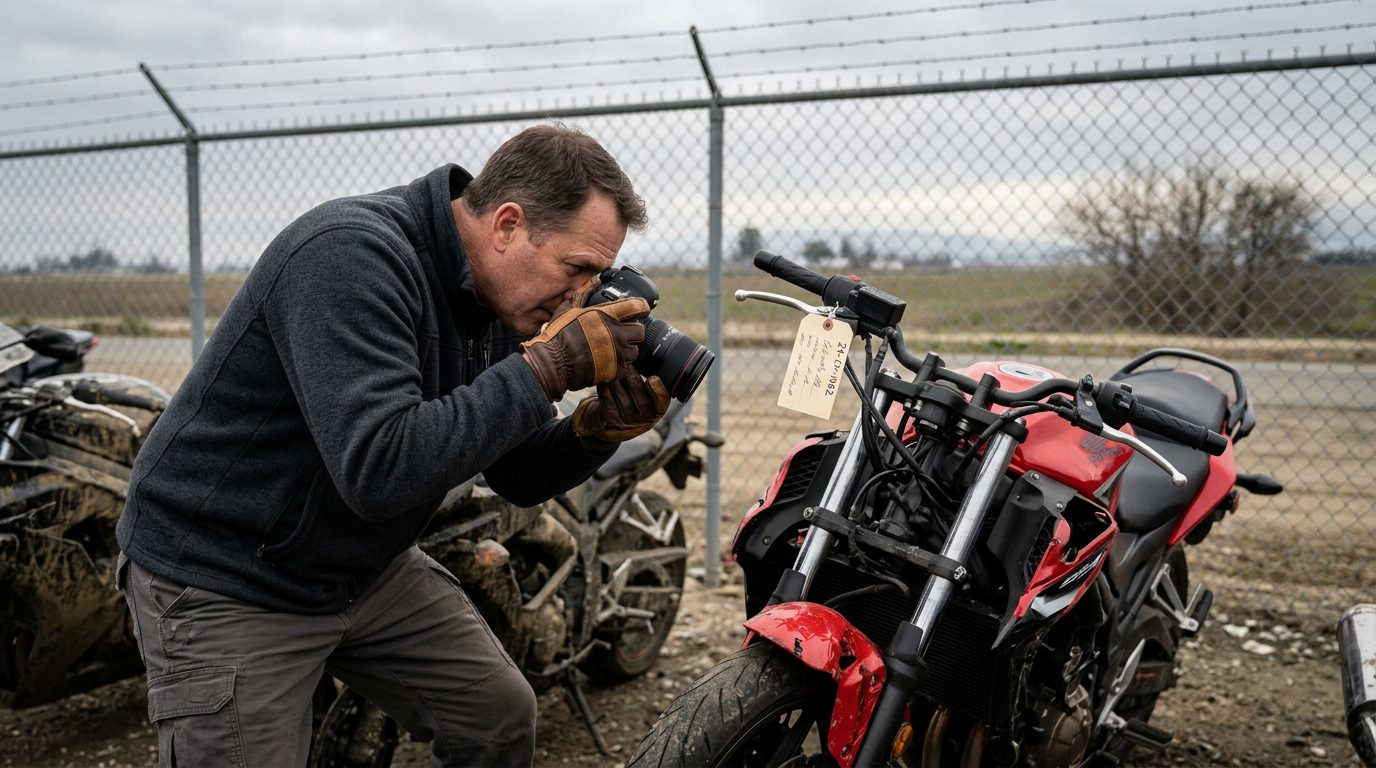 An investigator in a fleece jacket and gloves photographs a crushed motorcycle front end in a fenced impound lot, with an evidence tag on the handlebar.