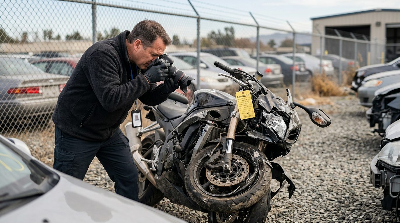 An investigator in a fleece jacket and gloves photographs a crushed motorcycle front end with an evidence tag in an impound lot.