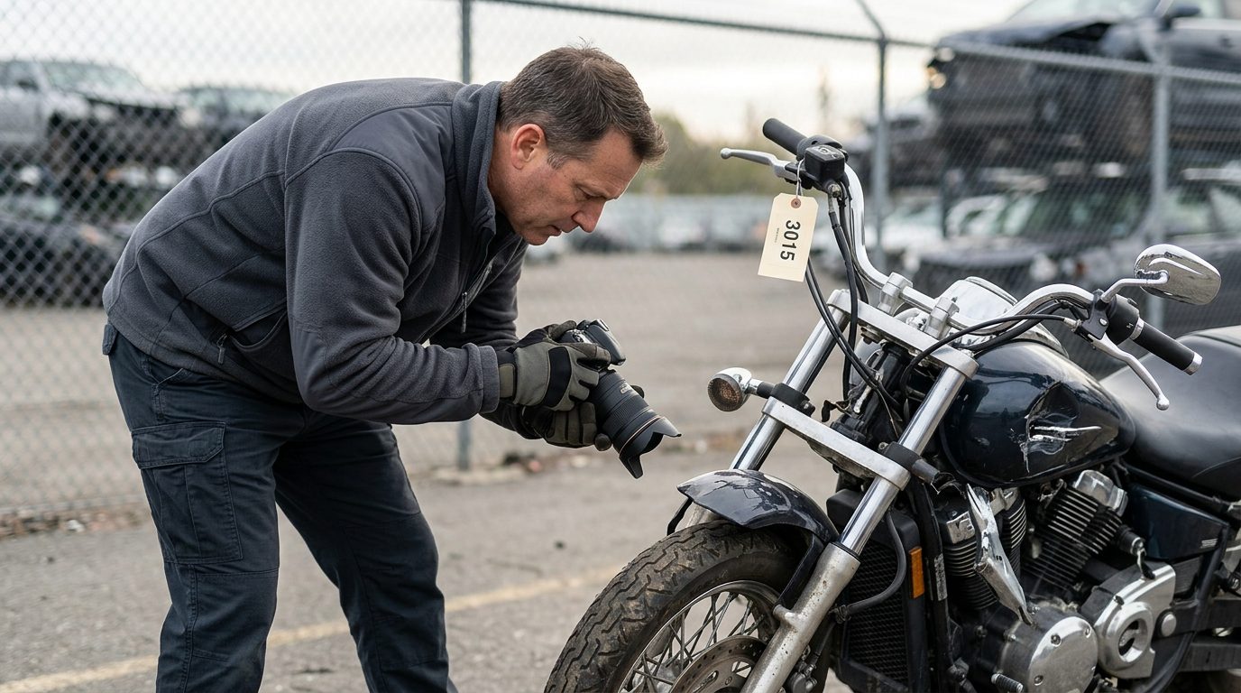An investigator in a fleece jacket and gloves photographs a crushed motorcycle front end in a fenced impound lot, with an evidence tag on the handlebar.