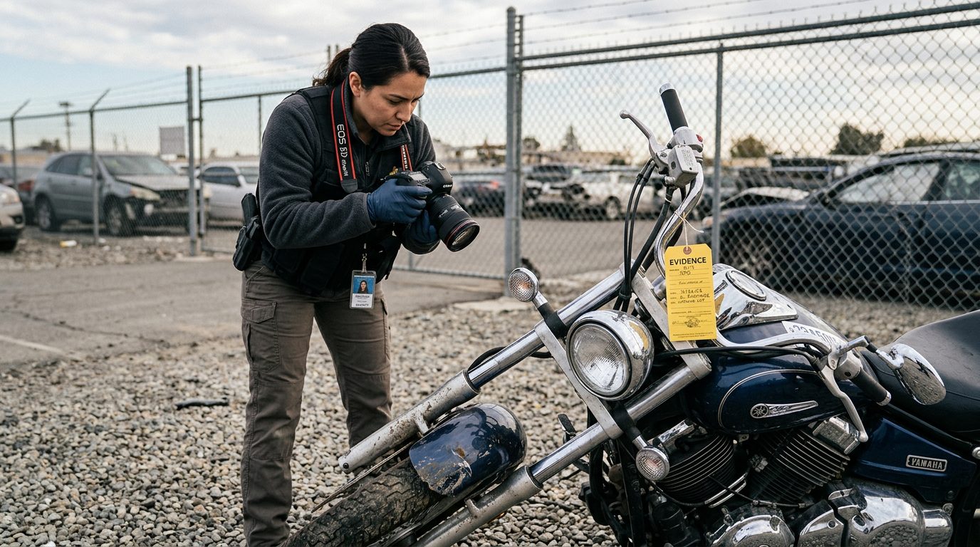 An investigator in a fleece jacket and gloves photographs a damaged motorcycle with a numbered evidence tag in a fenced impound lot.