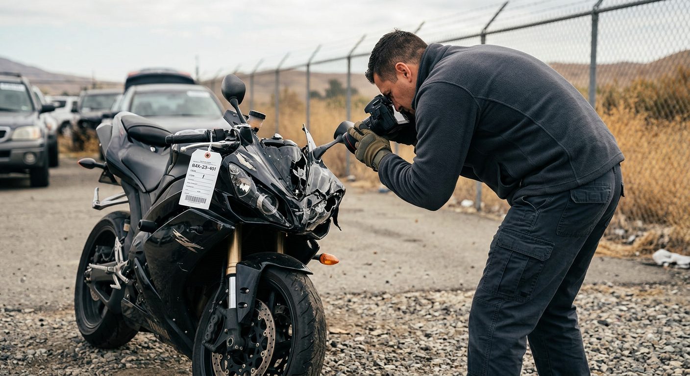 An investigator in a fleece jacket and gloves photographs a crushed motorcycle front end in a fenced impound lot.