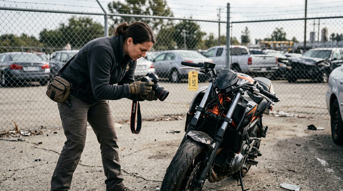 An investigator in a fleece jacket and gloves photographs a crushed motorcycle front end in a fenced impound lot.