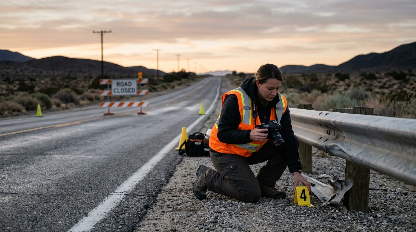 An investigator in a high-visibility vest places a numbered marker by a guardrail while photographing a closed two-lane road at dawn.