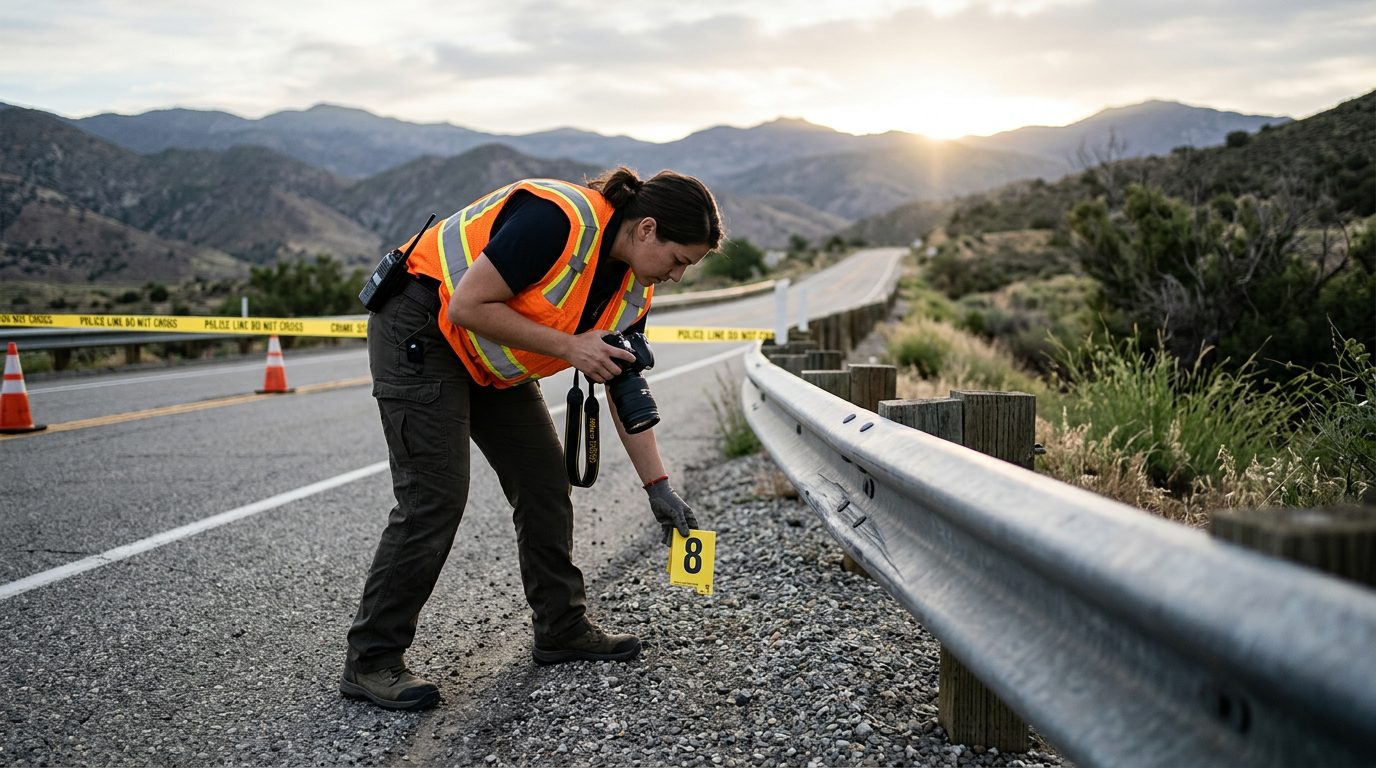 An investigator in a high-visibility vest places a numbered marker by a guardrail on a closed two-lane road at dawn.