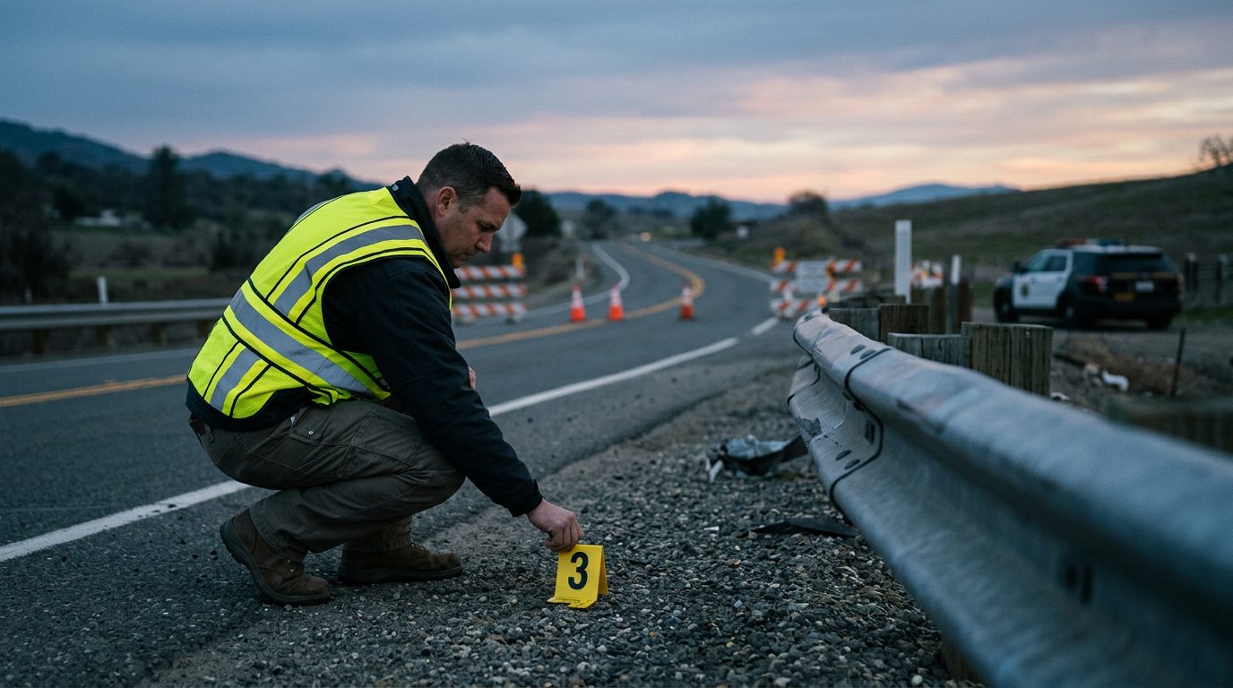 An investigator in a high-visibility vest places a numbered marker beside a guardrail on a closed two-lane road at dawn.