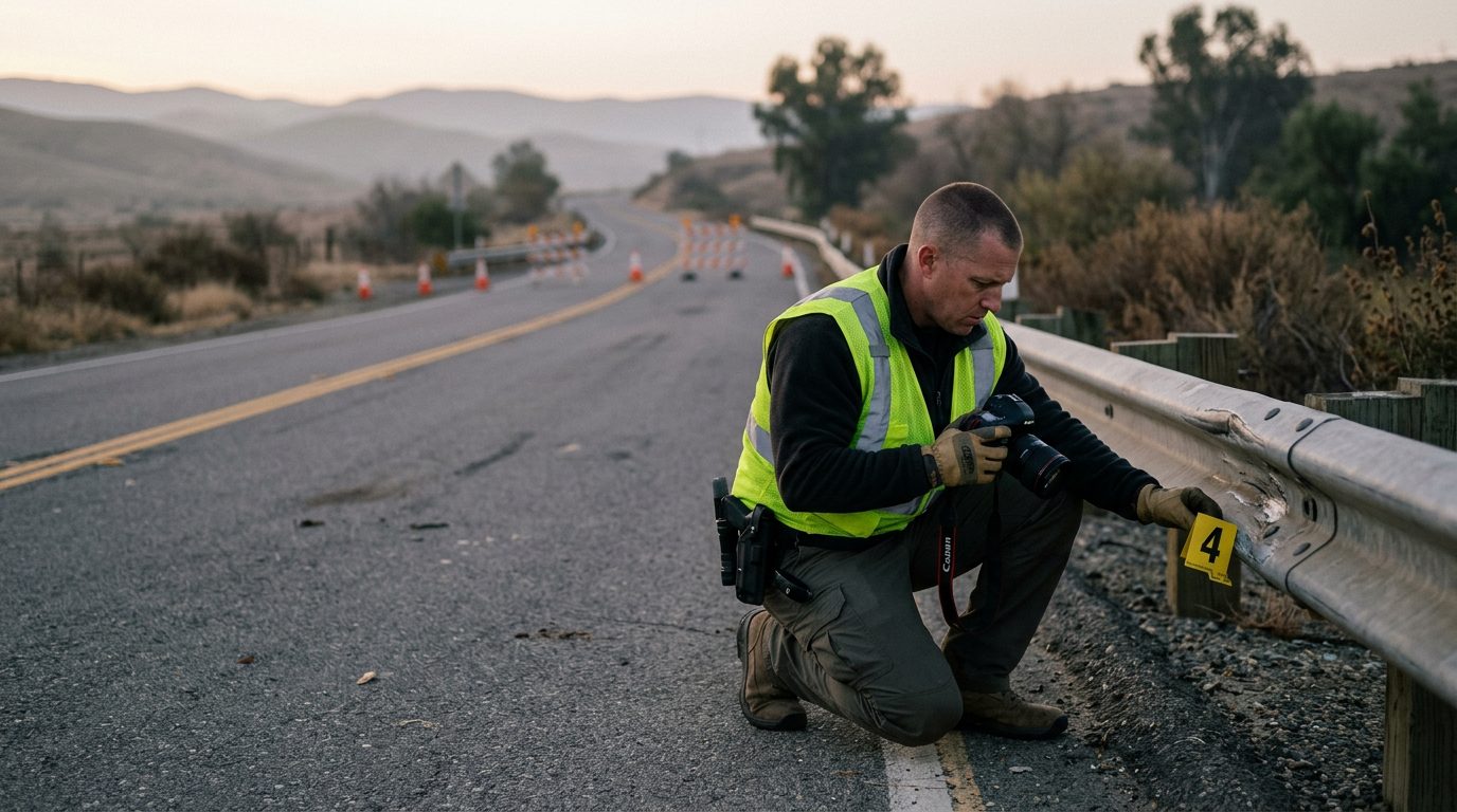 An investigator in a high-visibility vest places a numbered marker by a guardrail on a closed two-lane road at dawn.