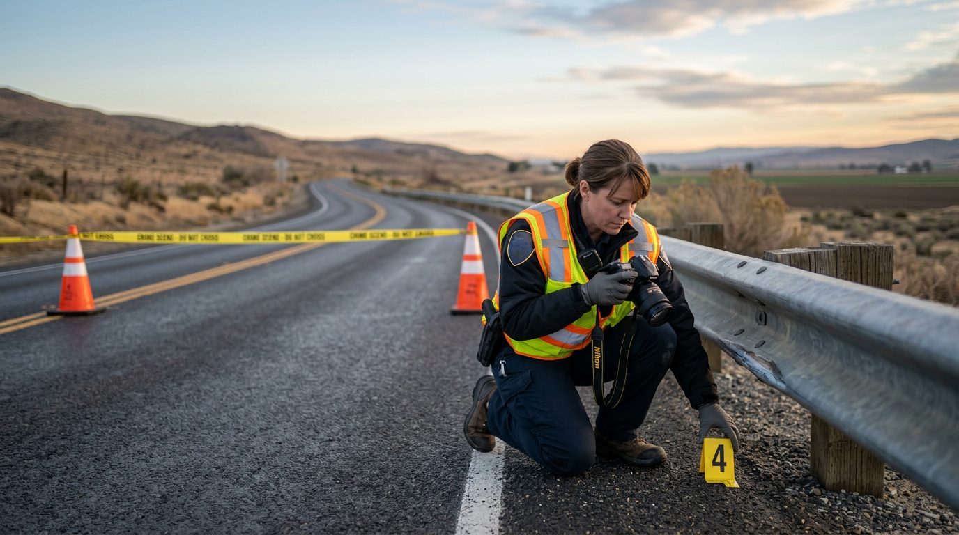 An investigator in a high-visibility vest places a numbered marker by a guardrail on a closed two-lane road at dawn.