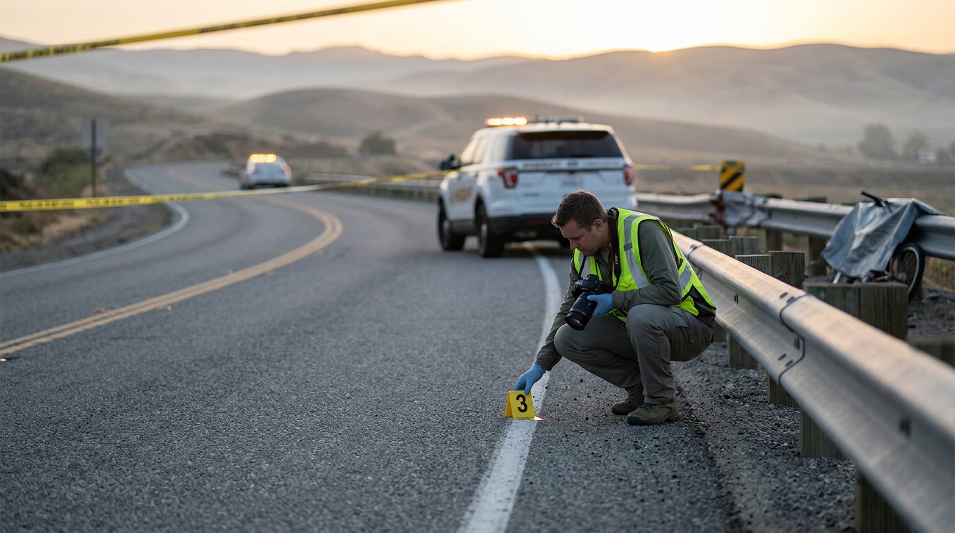 An investigator in a high-visibility vest places a numbered marker by a guardrail on a closed two-lane road at dawn.