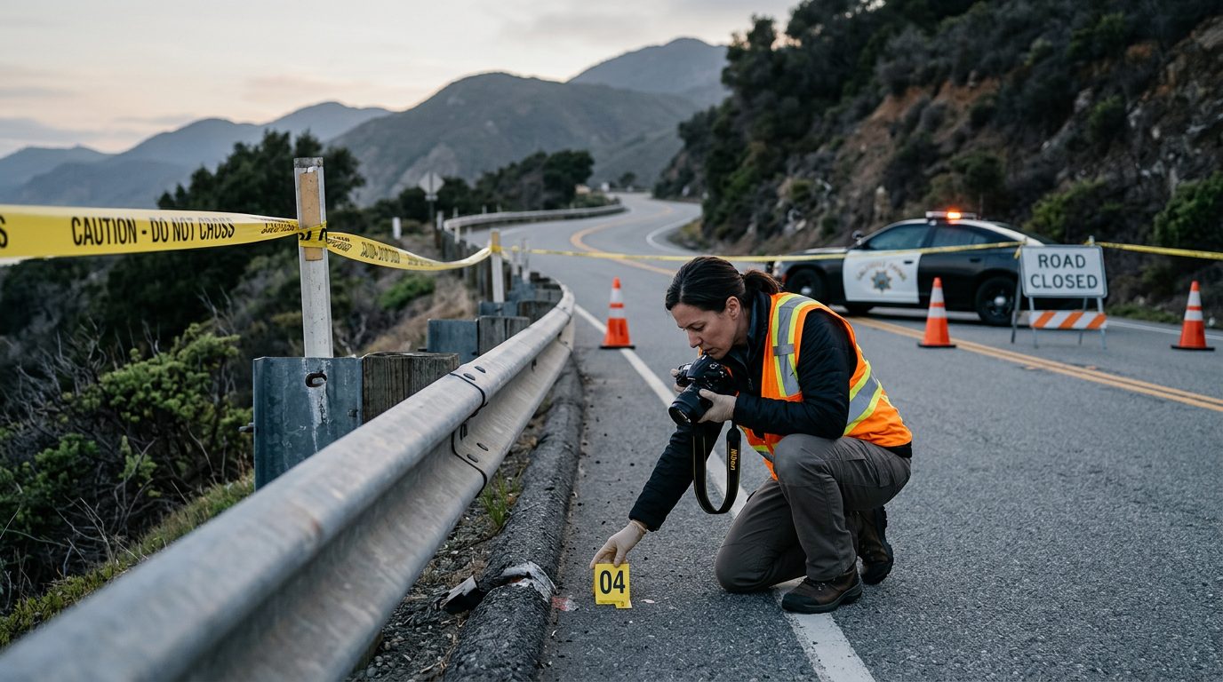 An investigator in a high-visibility vest places a numbered marker by a guardrail on a closed two-lane road at dawn.