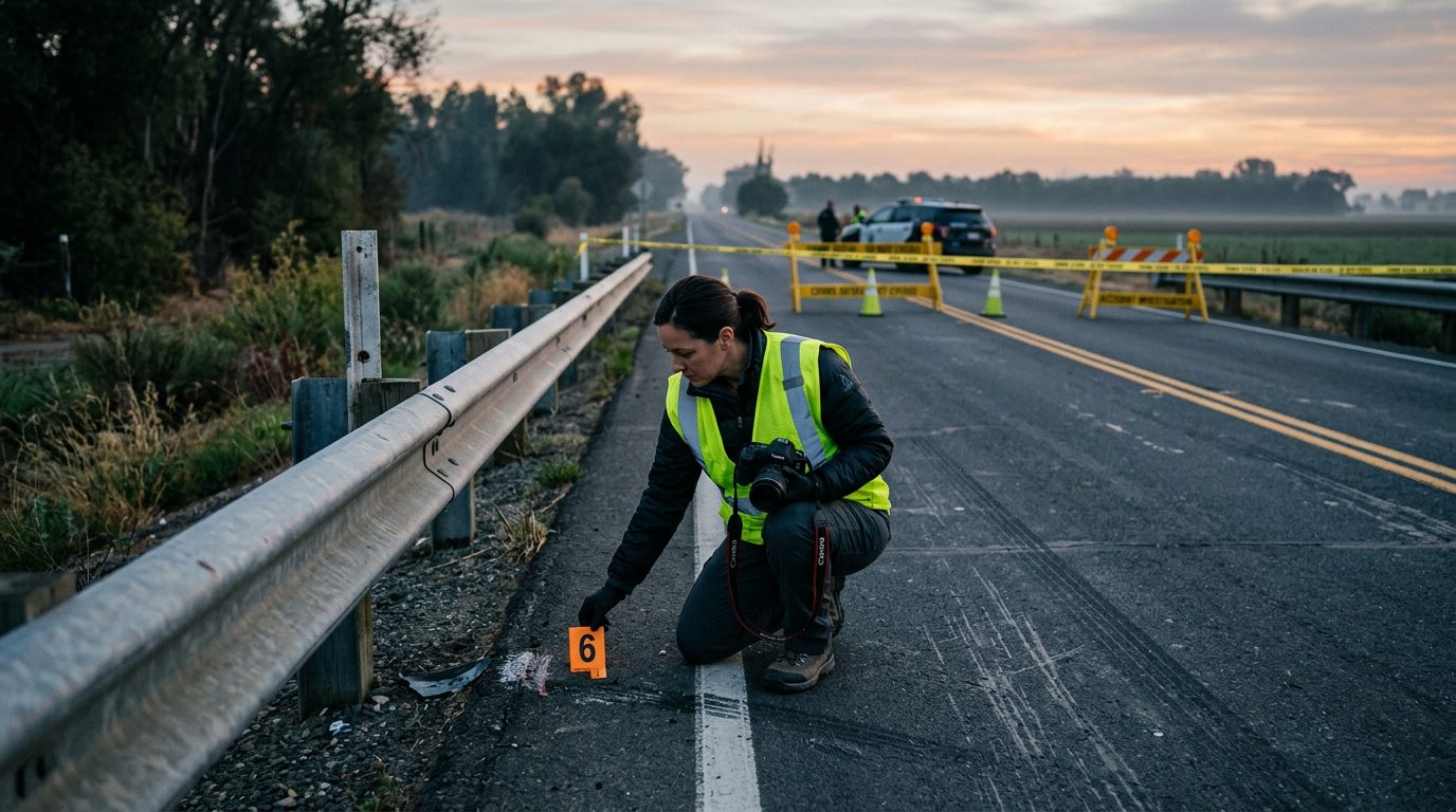 An investigator in a high-visibility vest places a numbered marker by a guardrail on a closed two-lane road at dawn.