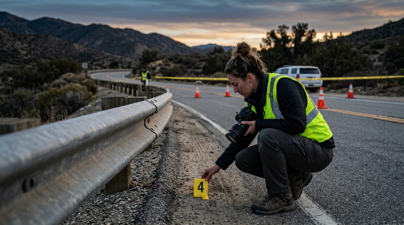 An investigator in a high-visibility vest places a numbered marker by a guardrail on a closed two-lane road at dawn.