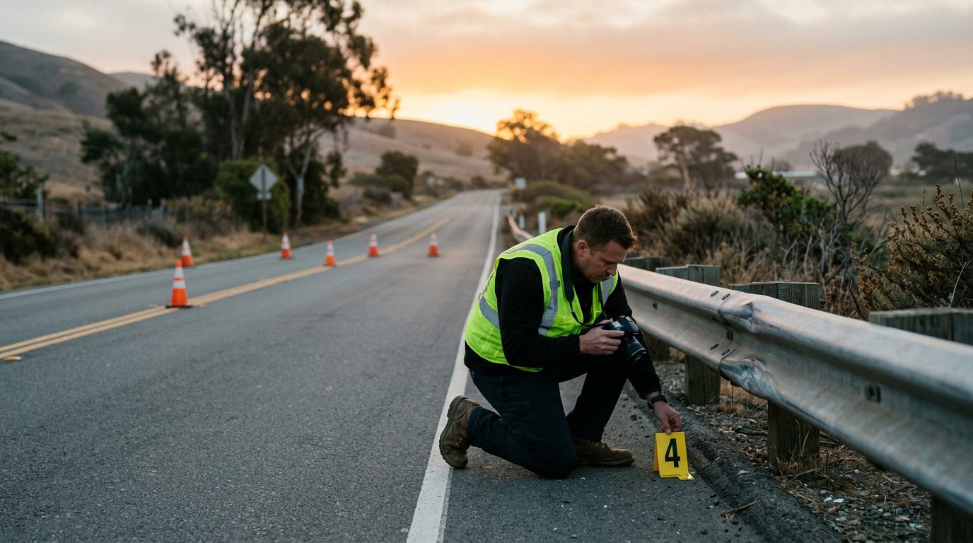 An investigator in a high-visibility vest places a numbered marker by a guardrail on a closed two-lane road at dawn.