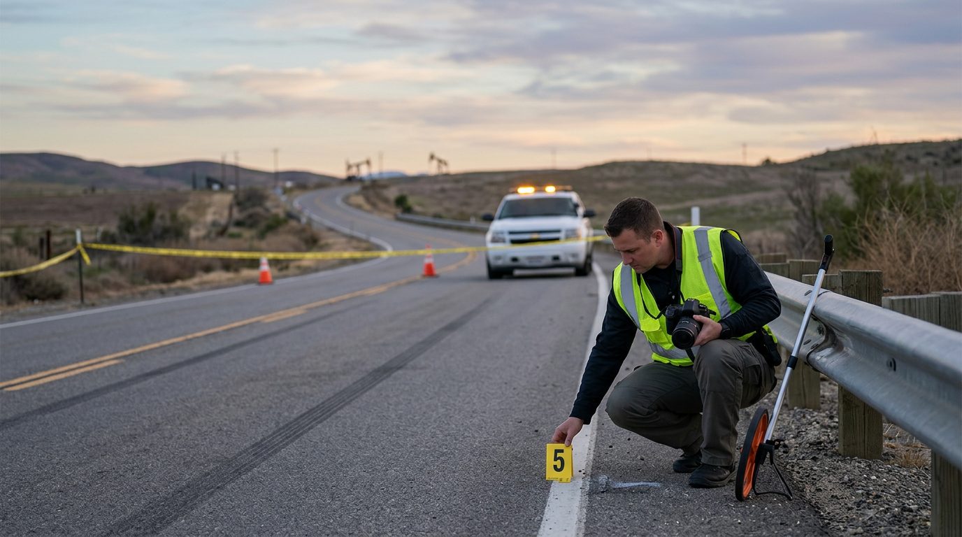 An investigator in a high-visibility vest places a numbered marker beside a guardrail on a closed two-lane road at dawn.