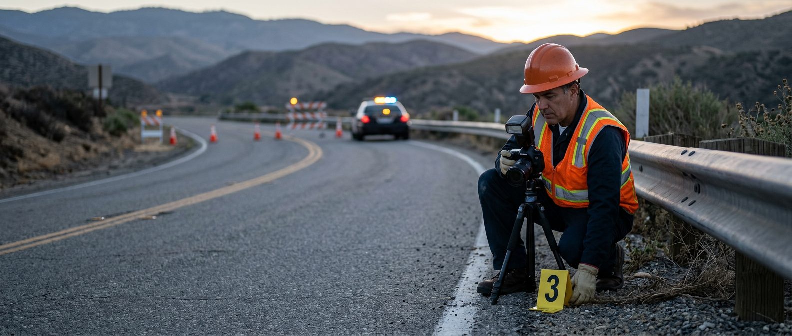 An investigator in a high-visibility vest places a numbered marker beside a guardrail on a closed two-lane road at dawn.