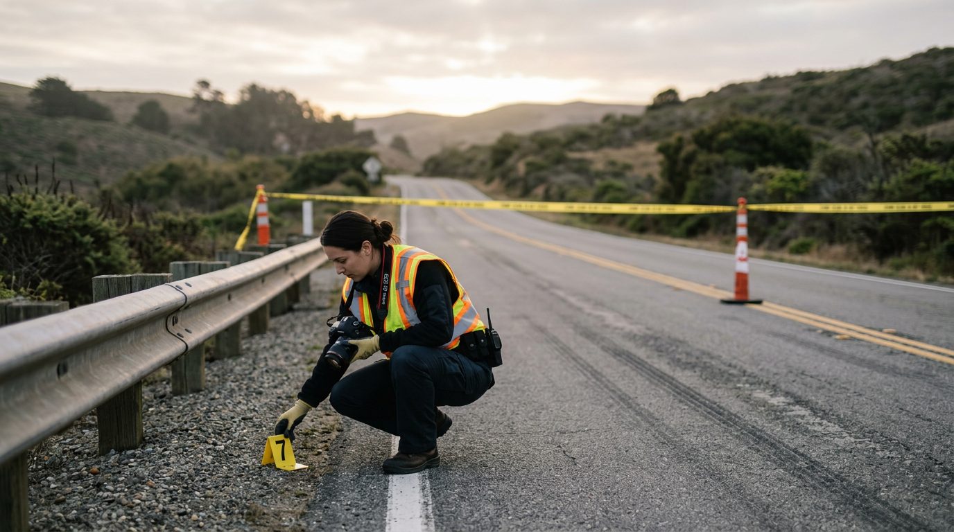 An investigator in a high-visibility vest places a numbered marker by a guardrail on a closed two-lane road at dawn.