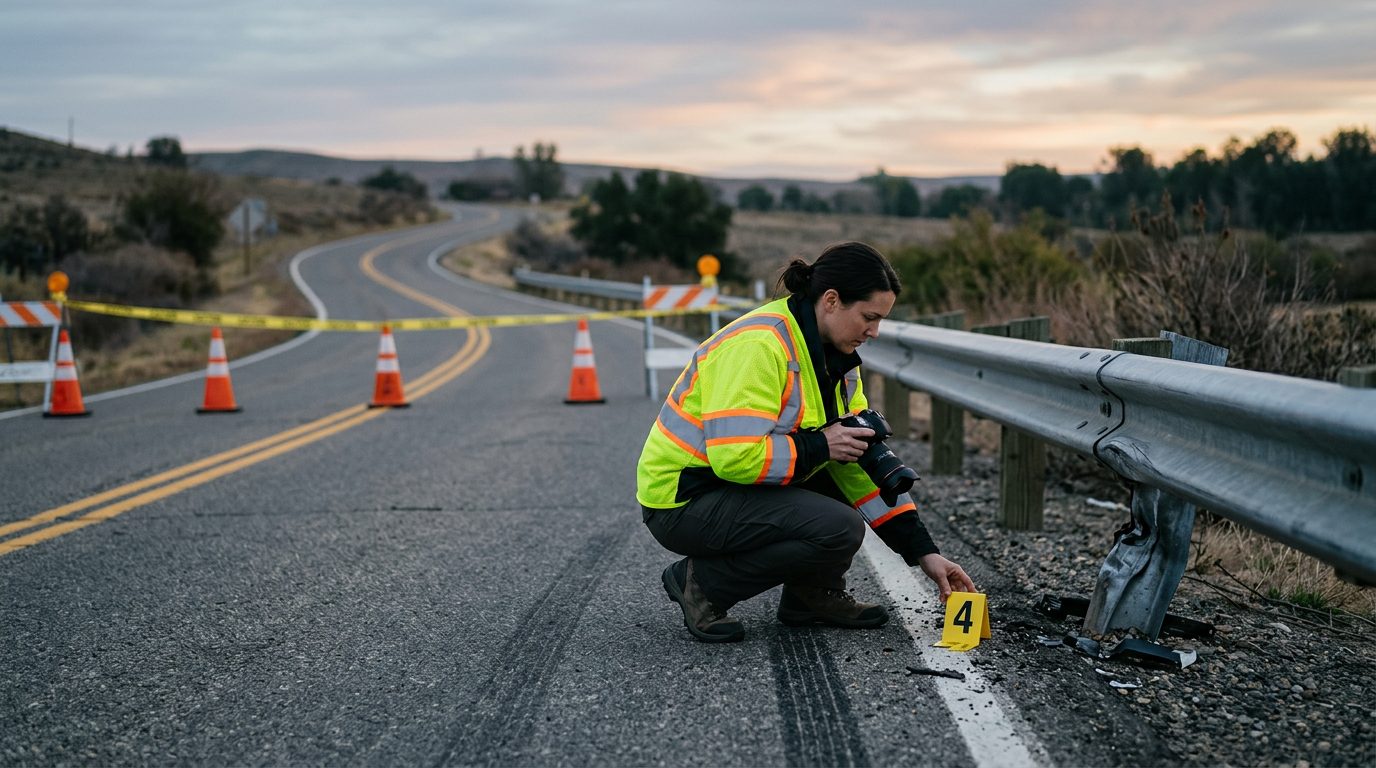 An investigator in a high-visibility vest places a numbered marker by a guardrail on a closed two-lane road at dawn.