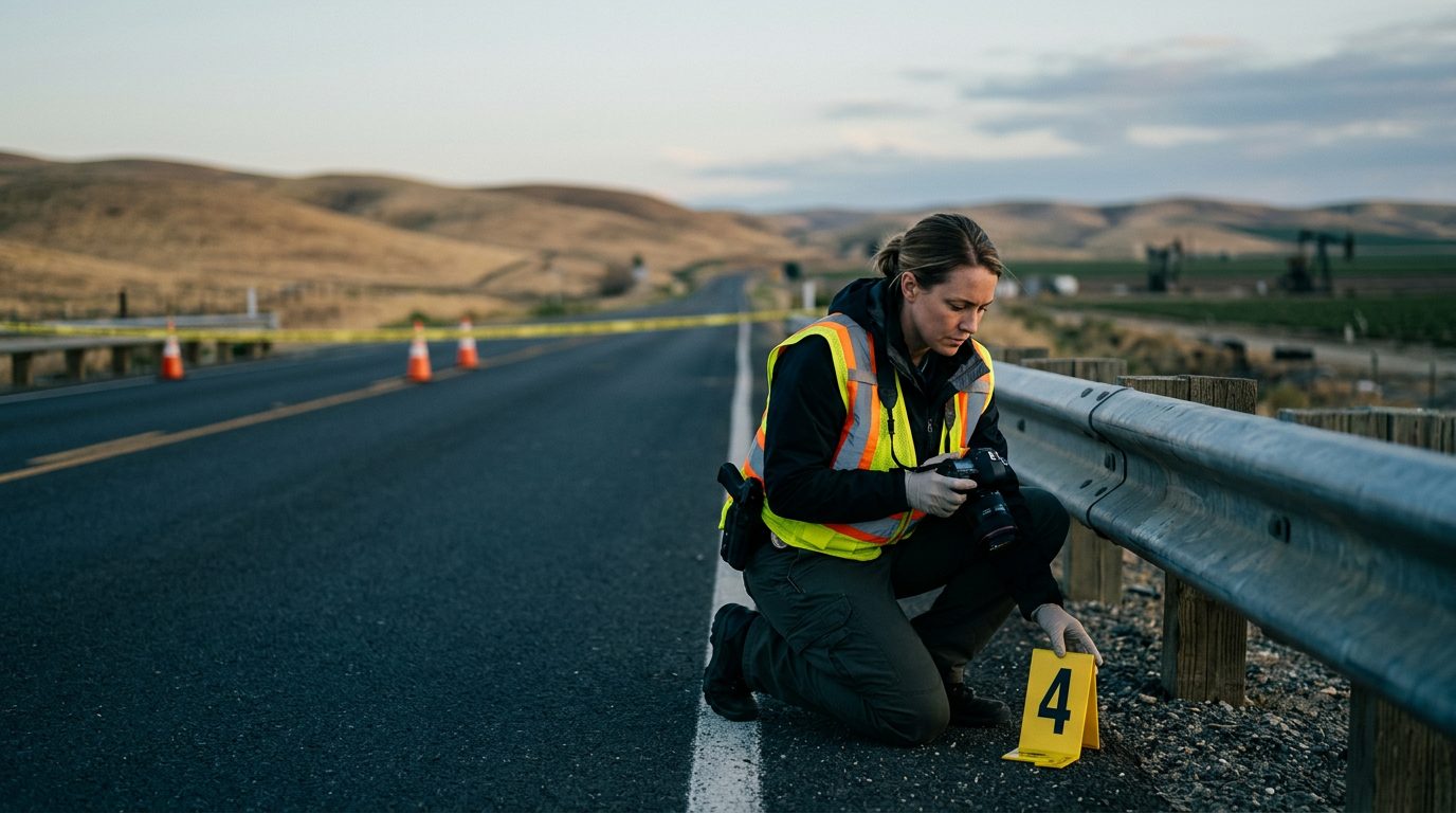 An investigator in a high-visibility vest places a numbered marker beside a guardrail on a closed two-lane road at dawn.