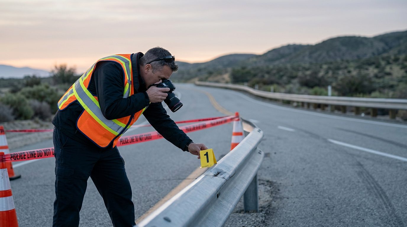 An investigator in a high-visibility vest places a numbered marker by a guardrail on a closed two-lane road at dawn.
