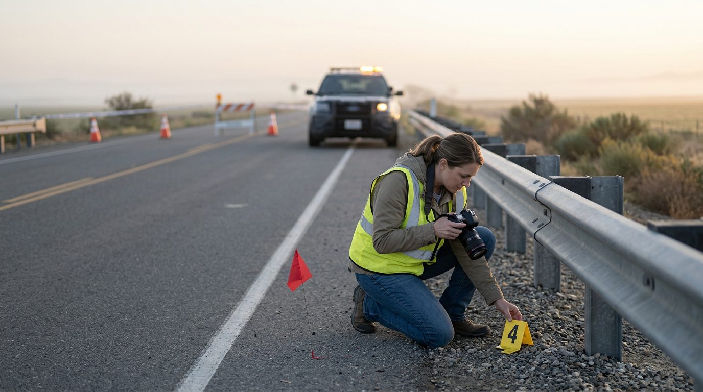An investigator in a high-visibility vest places a numbered marker beside a guardrail on a closed two-lane road at dawn.