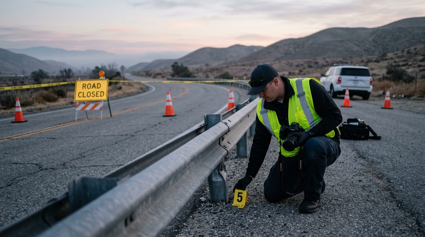 An investigator in a high-visibility vest places a numbered marker by a guardrail on a closed two-lane road at dawn.