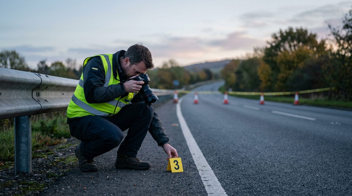 An investigator in a high-visibility vest places a numbered marker by a guardrail on a closed two-lane road at dawn.