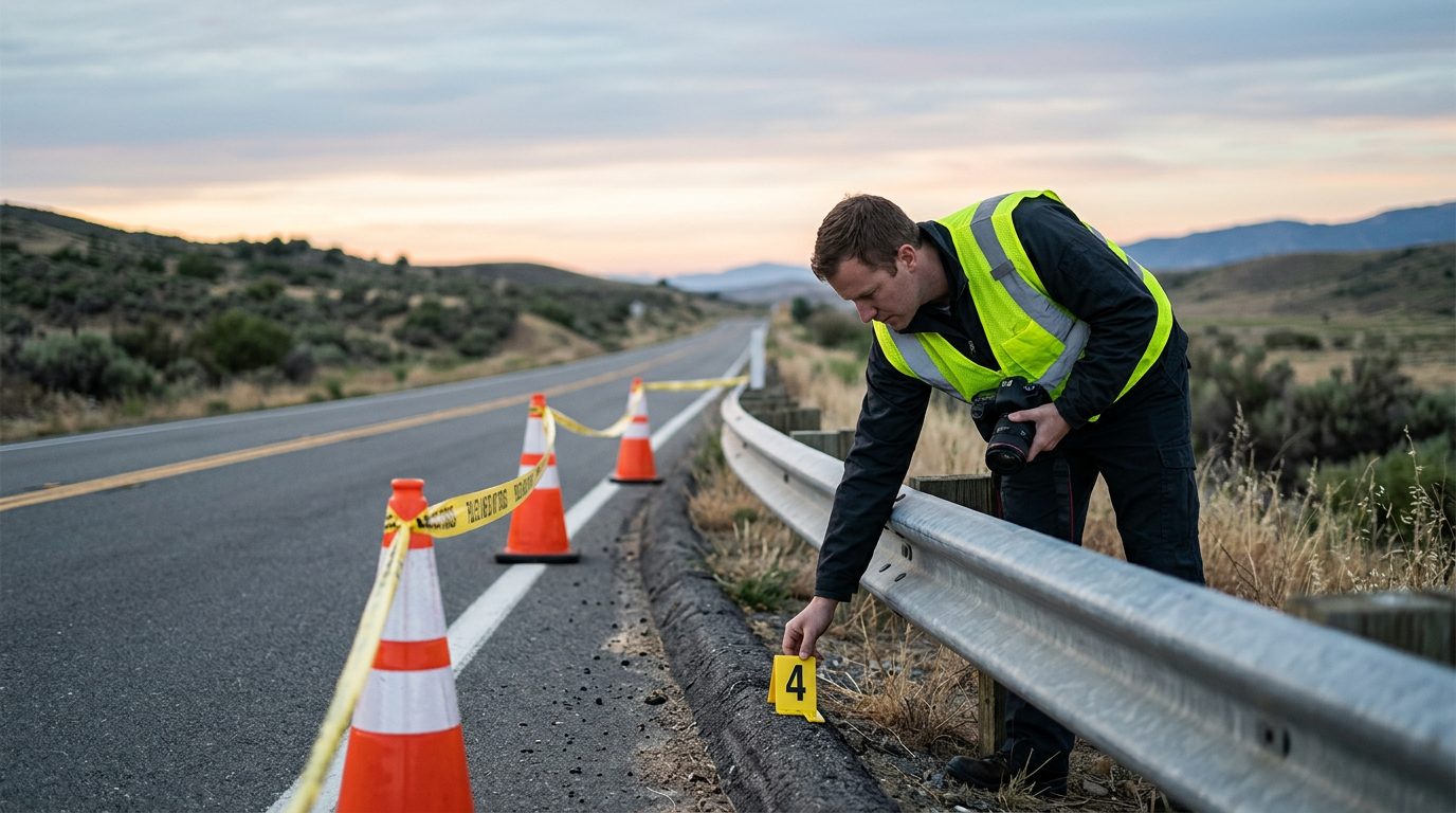 An investigator in a high-visibility vest places a numbered marker beside a guardrail on a closed two-lane road at dawn.